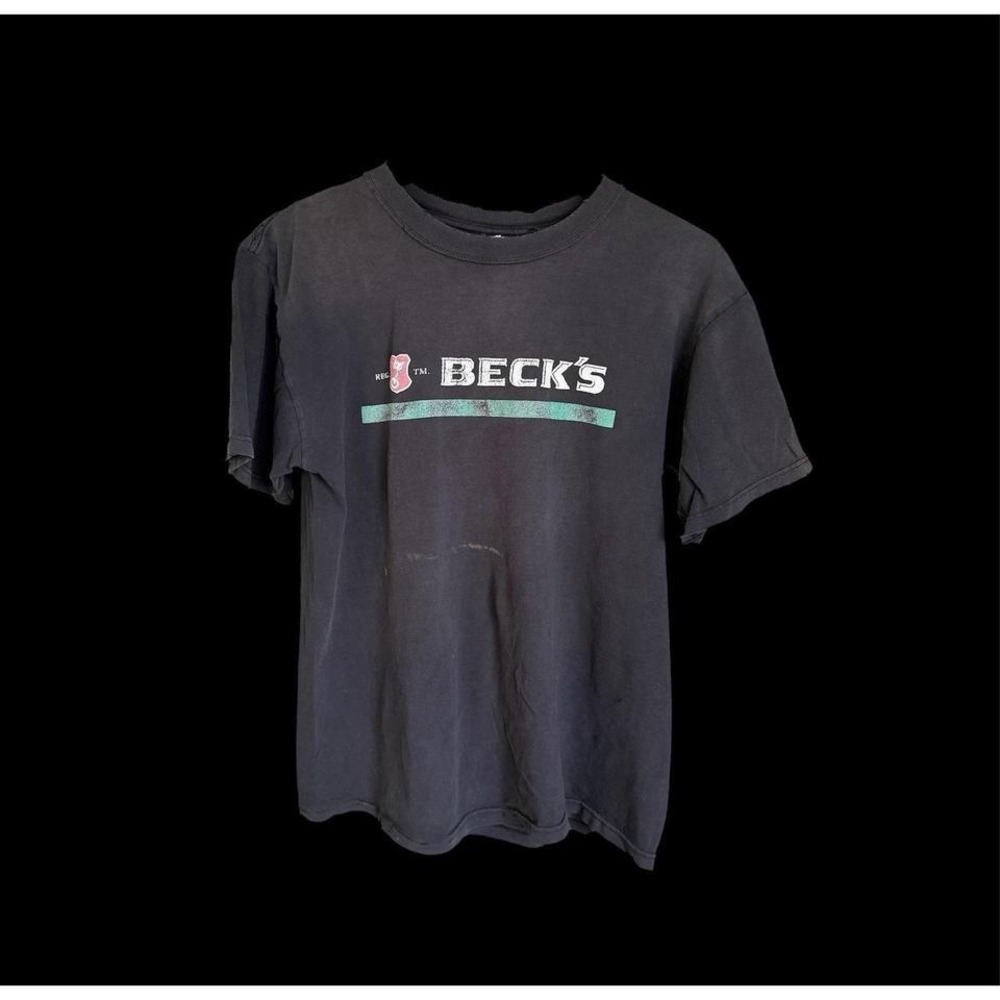 Vintage 90's Beck's T-shirt Med Beer Promo Key Logo Faded Distressed‎ Black